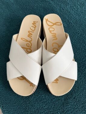 Sam Edelman White Leather Crisscross Slide Mules ( runs big)